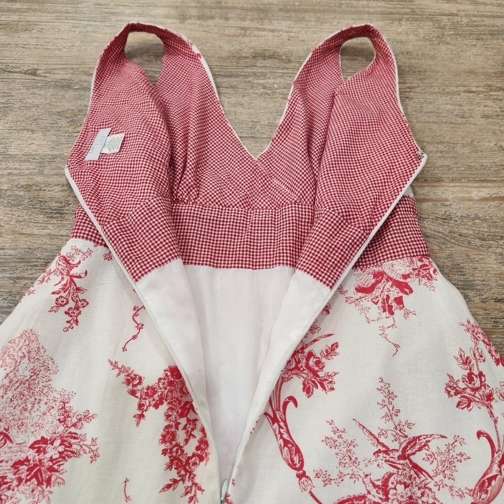 Vintage Sam TY Y2K Toile Linen Midi Dress White/Pink US Womens 10 - Picture 2 of 9